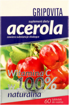 Biało-niebieskie opakowanie Gripovita Acerola, suplement diety z naturalną witaminą C w 60 tabletkach do ssania.