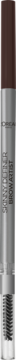 Zamazana automatyczna kredka L'Oréal Brow Artist Skinny Definer, brązowa góra, srebrny korpus, pionowe ujęcie.