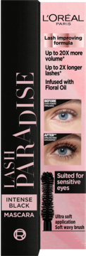 L'Oréal Lash Paradise Intense Black mascara w czarnym opakowaniu z różowymi detalami, widok z przodu. Podkreśla objętość i długość.