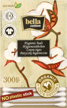 Pionowe opakowanie Bella Cotton, 300 patyczków z organicznej bawełny, z napisem 'NO plastic stick'.