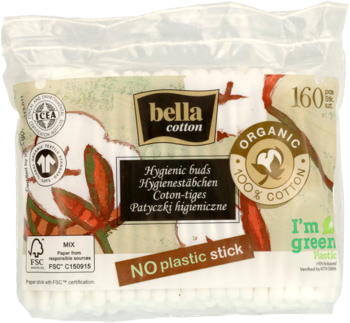 Opakowanie Bella Cotton patyczków, 160 szt., 100% bawełna organiczna, bez plastikowego patyczka.