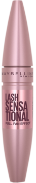 Maybelline Lash Sensational tusz do rzęs w różowozłotej, metalicznej butelce, z napisem Full Fan Effect, widok z przodu.