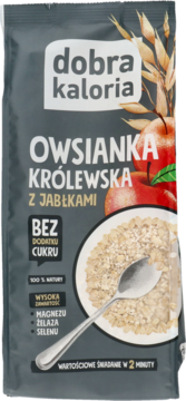 Szara torebka Dobra Kaloria Owsianka Królewska z Jabłkami, bez cukru, z magnezem. Widok z przodu.