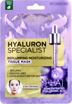 Fioletowa saszetka L'Oréal Paris Hyaluron Specialist, nawilżająca maska z kwasem hialuronowym, widok z przodu.