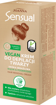 Beżowy karton Joanna Sensual Vegan Krem do depilacji twarzy dla skóry wrażliwej, widok z przodu i boku.