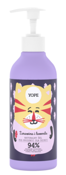Yope naturalny żel pod prysznic dla dzieci żurawina lawenda, fioletowa butelka z pompką i kotem.