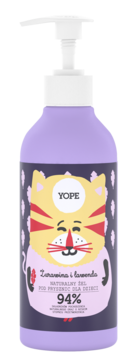 Yope naturalny żel pod prysznic dla dzieci żurawina lawenda, fioletowa butelka z pompką i kotem.