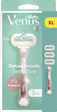 Miętowe opakowanie Gillette Venus Deluxe Smooth Sensitive Rosegold, maszynka z 5 ostrzami i 3 wkładami, widok z przodu.