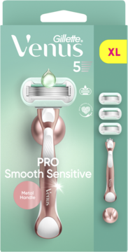Gillette Venus Pro Smooth Sensitive XL: różowo-złota maszynka, 5 ostrzy, 3 wkłady wymienne, widok pudełka.