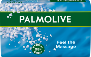 Front opakowania mydła Palmolive Mineral Massage. Niebieskie pudełko z zielonym paskiem i kryształkami soli.