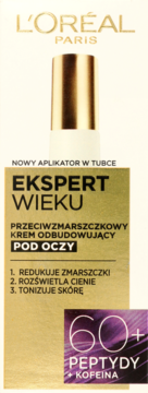 L'Oréal Ekspert Wieku 60+ krem pod oczy, złoto-biała tubka z nowym aplikatorem, zawiera peptydy i kofeinę.