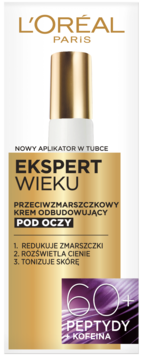 L'Oréal Ekspert Wieku 60+ krem pod oczy z peptydami, w białej tubce ze złotą etykietą i aplikatorem.
