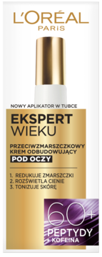 L'Oréal Ekspert Wieku 60+ krem pod oczy z peptydami, w białej tubce ze złotą etykietą i aplikatorem.