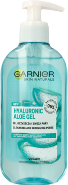 Garnier Hyaluronic Aloe Gel, niebieski żel oczyszczający do twarzy z pompką, z przodu. Wegański.