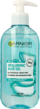 Garnier Hyaluronic Aloe Gel, niebieski żel oczyszczający do twarzy z pompką, z przodu. Wegański.