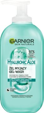 Garnier Skin Naturals Hyaluronic Aloe Żel Myjący Gel-Wash w turkusowej butelce z pompką, przód. Oczyszcza pory.