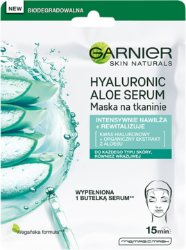 Maska Garnier Hyaluronic Aloe Serum w biało-zielonej saszetce, widok z przodu. Zawiera kwas hialuronowy i aloes.