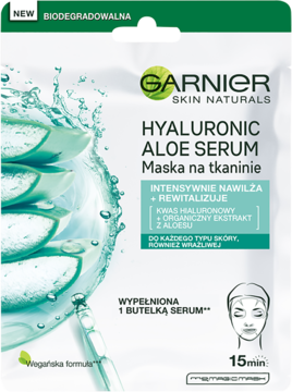 Maska Garnier Hyaluronic Aloe Serum w biało-zielonej saszetce, widok z przodu. Zawiera kwas hialuronowy i aloes.