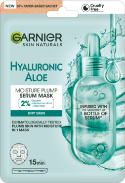 Garnier Hyaluronic Aloe Serum Mask, zielono-biała saszetka z butelką serum, nawilża, widok z przodu.