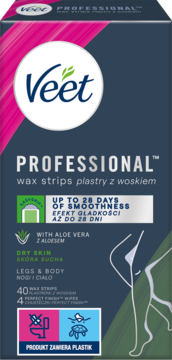 Ciemne opakowanie Veet Professional plastry do depilacji z aloesem dla suchej skóry, gładkość do 28 dni.