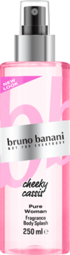 Bruno Banani Pure Woman Cheeky Cassis Fragrance Body Splash 250ml, różowa butelka z srebrną nakrętką, widok z przodu.