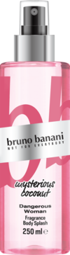 Różowa mgiełka do ciała bruno banani Dangerous Woman Mysterious Coconut 250 ml, w przezroczystej butelce z przodu.