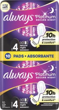 Dwa fioletowe opakowania podpasek Always Platinum Secure Night, rozmiar 4, 10 szt., z napisem "10h protection & comfort".