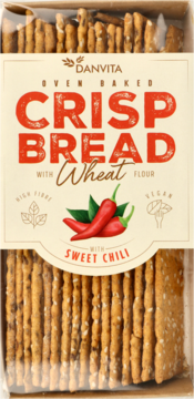 Danvita Crisp Bread with Sweet Chili and Wheat, oven baked, high fibre. Golden crispbreads in clear pack.