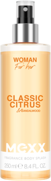Mgiełka do ciała Mexx Woman Classic Citrus & Sandalwood, 250 ml, w przezroczystej butelce z pomarańczowym płynem, widok z przodu.