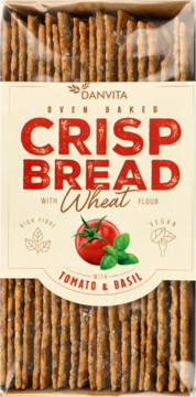 Front view Danvita Tomato & Basil Oven Baked Crisp Bread with Wheat Flour, high fibre, vegan, in clear packaging.