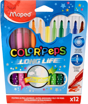 Kolorowe flamastry Maped COLOR'Peps Long Life, 12 szt., w opakowaniu z okienkiem. Ultra-spieralne, widok z przodu.