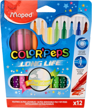 Kolorowe flamastry Maped COLOR'Peps Long Life, 12 szt., w opakowaniu z okienkiem. Ultra-spieralne, widok z przodu.