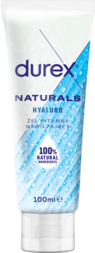 Durex Naturals Hyaluro żel intymny nawilżający 100ml, biała tuba z niebieskimi kroplami, napis 100% natural ingredients, widok z przodu.