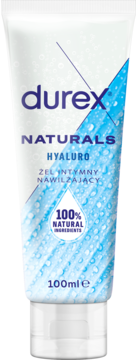 Durex Naturals Hyaluro żel intymny nawilżający 100ml, biała tuba z niebieskimi kroplami, napis 100% natural ingredients, widok z przodu.