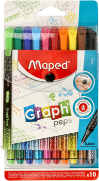 Zestaw 10 wielokolorowych cienkopisów Maped Graph'peps 0.4mm z ekstra cienką końcówką, widok z przodu.