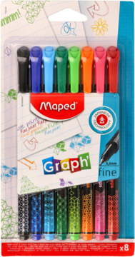 Maped Graph Fine Liner 8-pak, kolorowe cienkopisy 0.4mm o precyzyjnej końcówce w blistrze, widok z przodu.