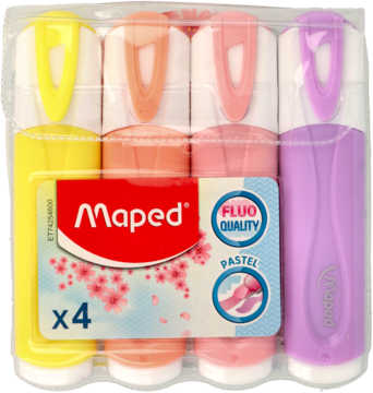 Zestaw 4 pastelowych zakreślaczy Maped: żółty, pomarańczowy, różowy, fioletowy, w przezroczystym etui, widok z przodu.