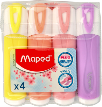 Zestaw 4 pastelowych zakreślaczy Maped: żółty, pomarańczowy, różowy, fioletowy, w przezroczystym etui, widok z przodu.