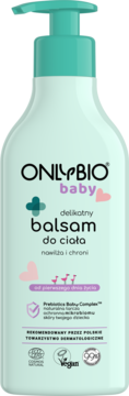 ONLYBIO baby delikatny balsam do ciała, jasnozielona butelka z pompką, dla dzieci od 1. dnia życia.
