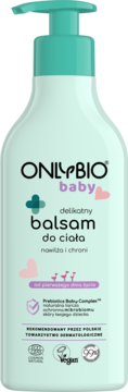 ONLYBIO baby delikatny balsam do ciała, jasnozielona butelka z pompką, dla dzieci od 1. dnia życia.