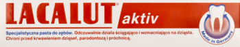 LACALUT aktiv pasta do zębów, czerwono-białe opakowanie z logo, wzmacnia dziąsła, widok z przodu.