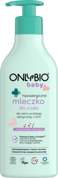 ONLYBIO Baby hipoalergiczne mleczko do ciała w miętowej butelce z pompką, dla wrażliwej skóry, widok z przodu.