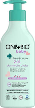 ONLYBIO baby hipoalergiczny żel do mycia ciała w miętowej butelce z pompką, certyfikat Vegan, widok z przodu.