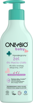 ONLYBIO baby hipoalergiczny żel do mycia ciała w miętowej butelce z pompką, certyfikat Vegan, widok z przodu.