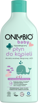 Jasnozielona butelka hipoalergicznego płynu do kąpieli OnlyBio Baby, z tealową nakrętką i grafiką wieloryba, widok z przodu.