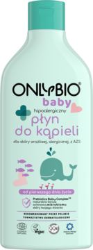 Jasnozielona butelka hipoalergicznego płynu do kąpieli OnlyBio Baby, z tealową nakrętką i grafiką wieloryba, widok z przodu.
