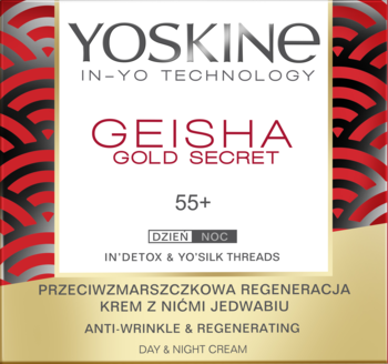 YOSKINE GEISHA GOLD SECRET 55+ krem przeciwzmarszczkowy dzień/noc z nićmi jedwabiu, biało-czerwone opakowanie.