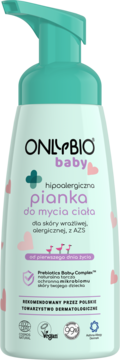 ONLYBIO baby hipoalergiczna pianka do mycia ciała, miętowa butelka z pompką, widok z przodu, różowe serca.