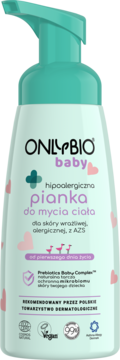 ONLYBIO baby hipoalergiczna pianka do mycia ciała, miętowa butelka z pompką, widok z przodu, różowe serca.