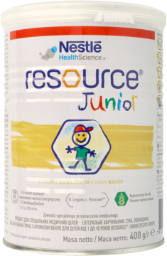 Nestle Resource Junior, preparat odżywczy waniliowy, 400g, w białej puszce z rysunkiem dziecka, widok z przodu.